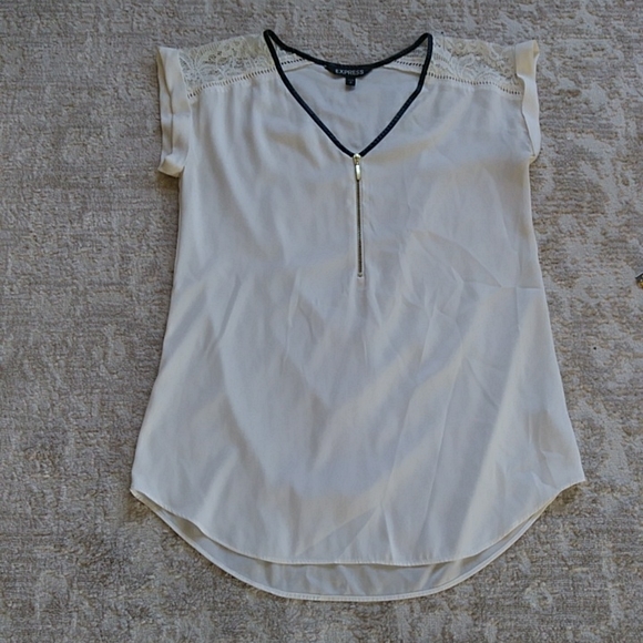 Express Embroidered Lace Imitation Leather V Neck Top S Ivory - Picture 13 of 15